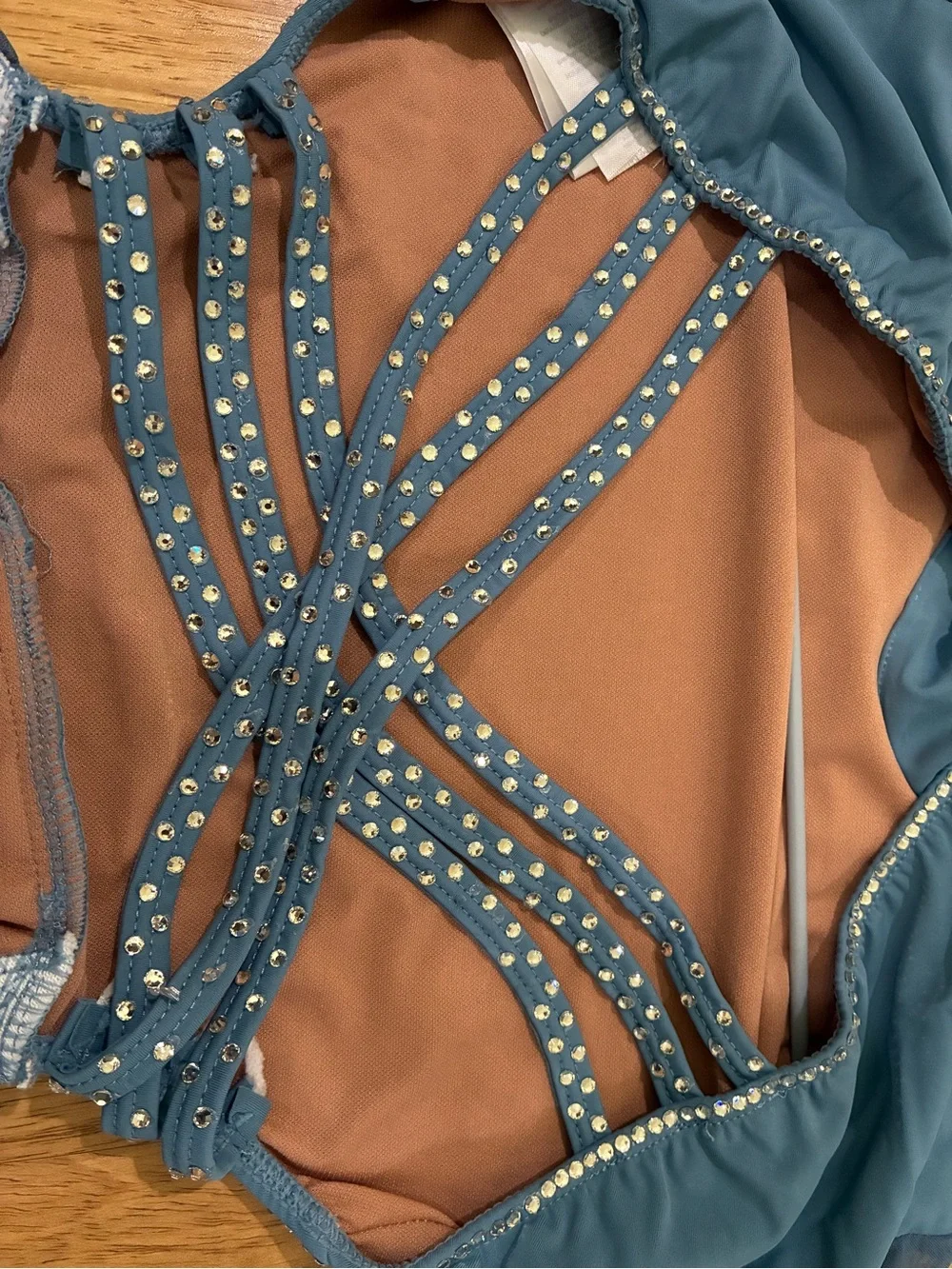 Kids Dance Costume Long Sleeve Teal Dress with Mesh Sleeves - custom rhinestones